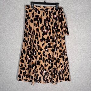 Leopard Print Wrap Midi Skirt Large Tan Brown Tie Waist Flowy Neutral Safari
